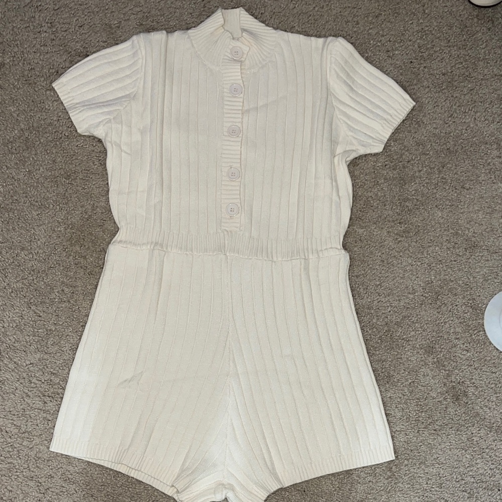 Cream Ribbed Knit Short Sleeve Romper